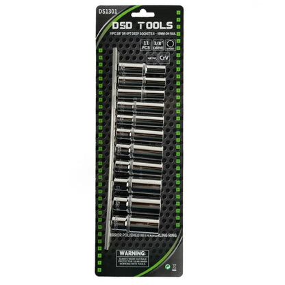 11PC 3/8" DR 6PT DEEP SOCKETS 8 - 19MM ON RAIL DS1301