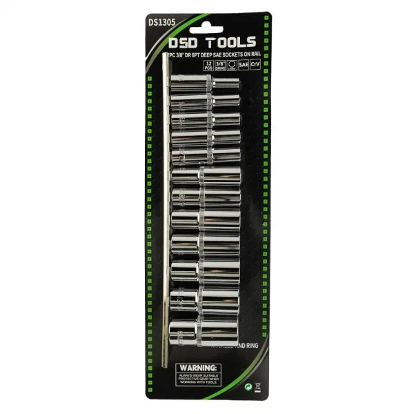 12PC 3/8" DR 6PT DEEP SAE SOCKETS ON RAIL DS1305