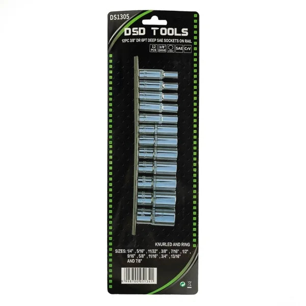 12PC 3/8" DR 6PT DEEP SAE SOCKETS ON RAIL DS1305