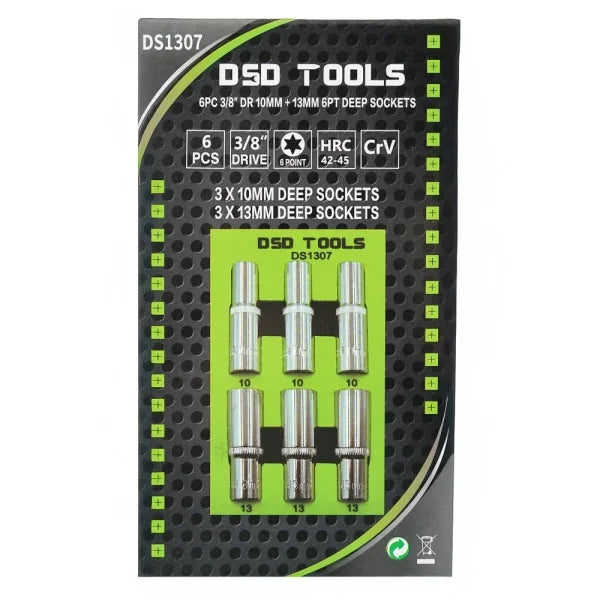 6PC 3/8" DR 10MM + 13MM 6PT DEEP SOCKETS DS1307
