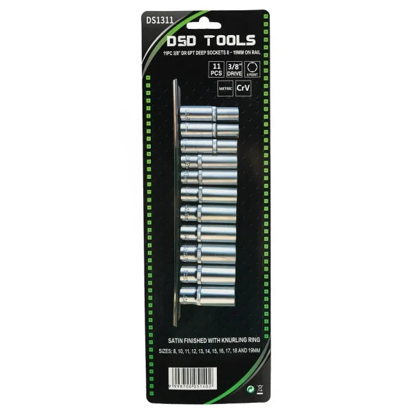 11PC 3/8" DR 6PT DEEP SOCKETS 8 - 19MM ON RAIL DS1311