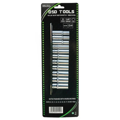 11PC 3/8" DR 6PT DEEP SOCKETS 8 - 19MM ON RAIL DS1311