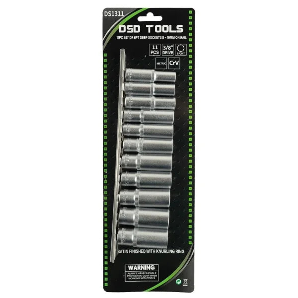 11PC 3/8" DR 6PT DEEP SOCKETS 8 - 19MM ON RAIL DS1311