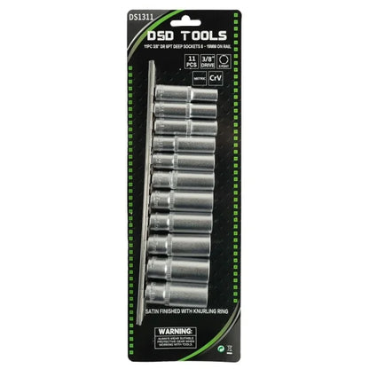 11PC 3/8" DR 6PT DEEP SOCKETS 8 - 19MM ON RAIL DS1311