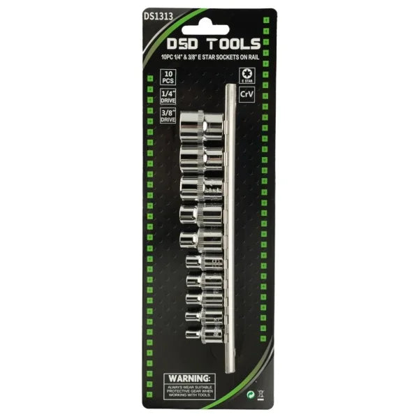 10PC 1/4" &amp;amp; 3/8" E STAR SOCKETS ON RAIL DS1313