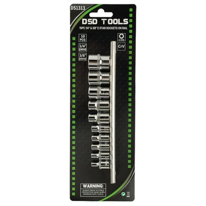 10PC 1/4" &amp;amp; 3/8" E STAR SOCKETS ON RAIL DS1313