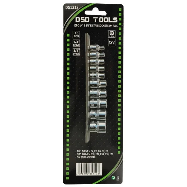 10PC 1/4" &amp; 3/8" E STAR SOCKETS ON RAIL DS1313