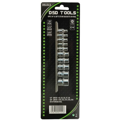 10PC 1/4" &amp;amp; 3/8" E STAR SOCKETS ON RAIL DS1313