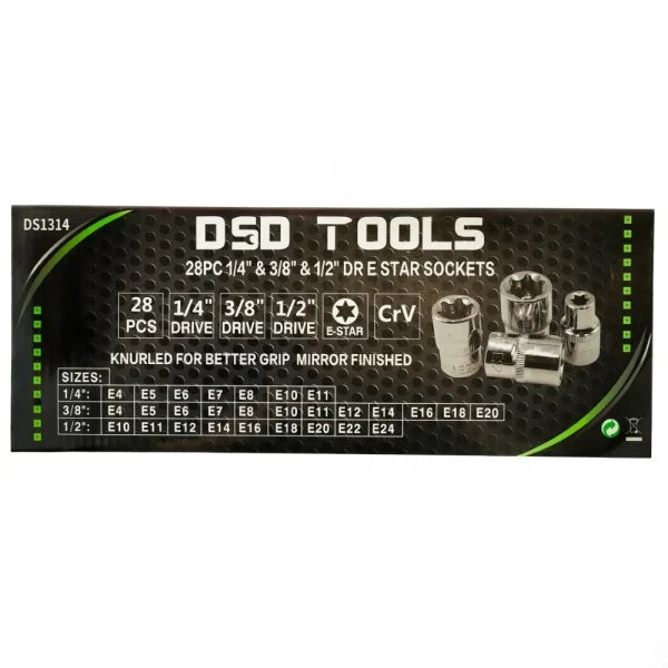 28PC 1/4" &amp; 3/8" &amp; 1/2" DR E STAR SOCKETS DS1314
