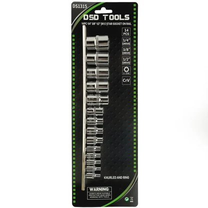 14PC 1/4" 3/8" 1/2" DR E TORX SOCKET ON RAIL DS1315