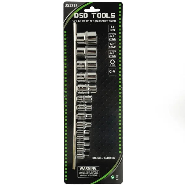 14PC 1/4" 3/8" 1/2" DR E TORX SOCKET ON RAIL DS1315