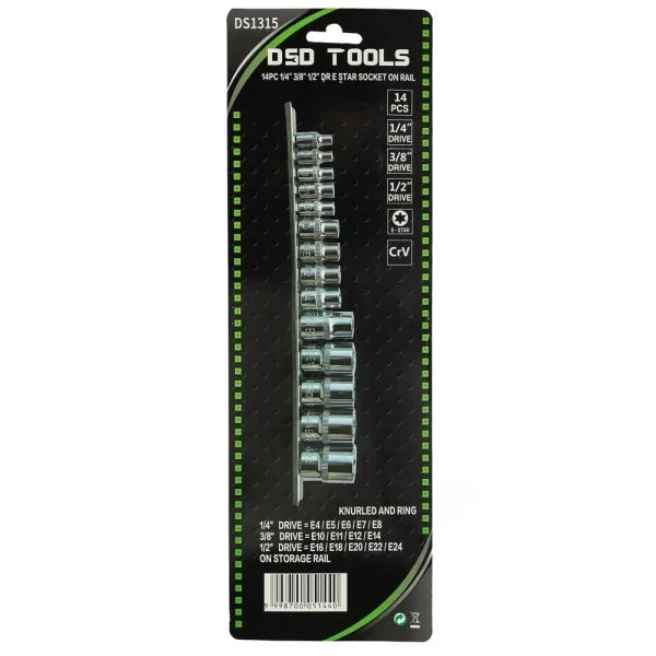 14PC 1/4" 3/8" 1/2" DR E TORX SOCKET ON RAIL DS1315