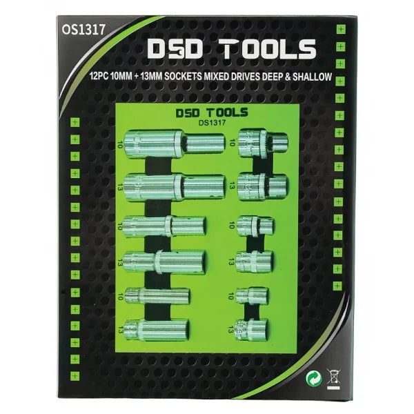 12PC 1/4" 3/8" 1/2' DR 10MM &amp; 13MM 6PT SHALLOW &amp; DEEP SOCKETS DS1317