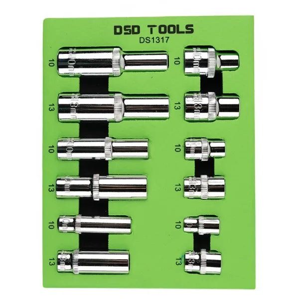 12PC 1/4" 3/8" 1/2' DR 10MM &amp; 13MM 6PT SHALLOW &amp; DEEP SOCKETS DS1317