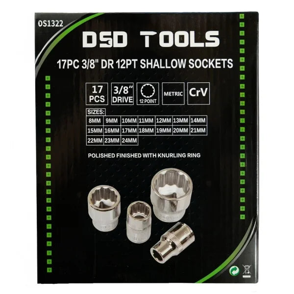17PC 3/8" DR 12PT SHALLOW SOCKETS 8–24MM DS1322