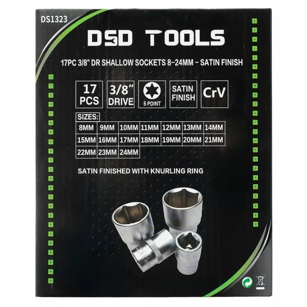 17PC 3/8" DR SHALLOW SOCKETS 8-24MM - SATIN FINISH DS1323