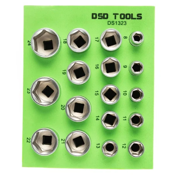 17PC 3/8" DR SHALLOW SOCKETS 8-24MM - SATIN FINISH DS1323