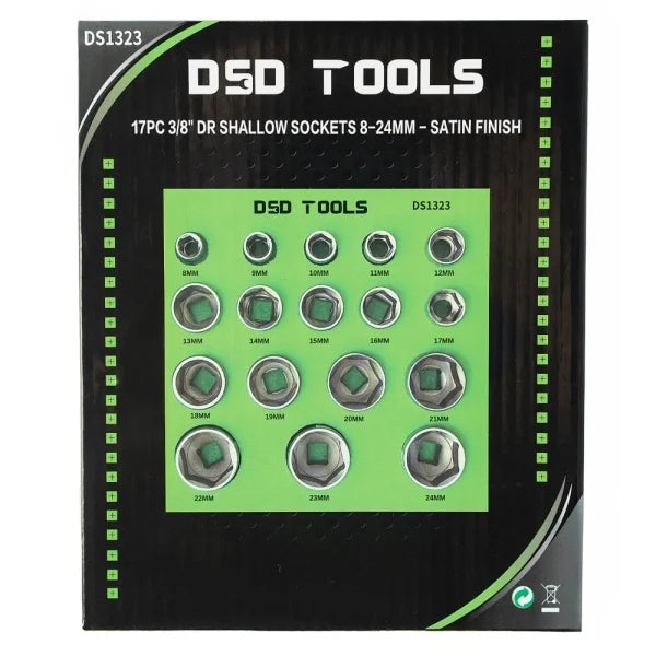 17PC 3/8" DR SHALLOW SOCKETS 8-24MM - SATIN FINISH DS1323
