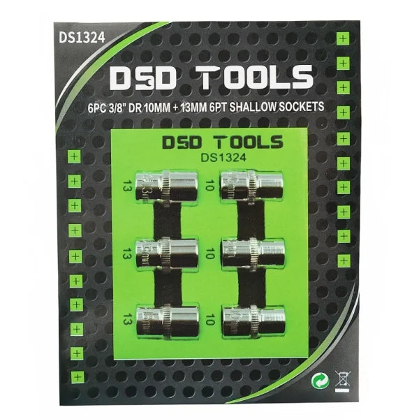 6PC 3/8" DR 10MM + 13MM 6PT SHALLOW SOCKETS DS1324