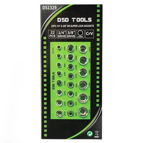 22PC 1/4" &amp; 3/8" DR SUPER LOCK SOCKETS DS1329