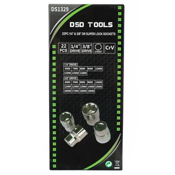 22PC 1/4" &amp; 3/8" DR SUPER LOCK SOCKETS DS1329