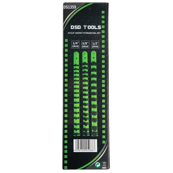 3PC 1/4", 3/8", 1/2" DR SOCKET STORAGE RAILS - 44 CLIPS DS1359