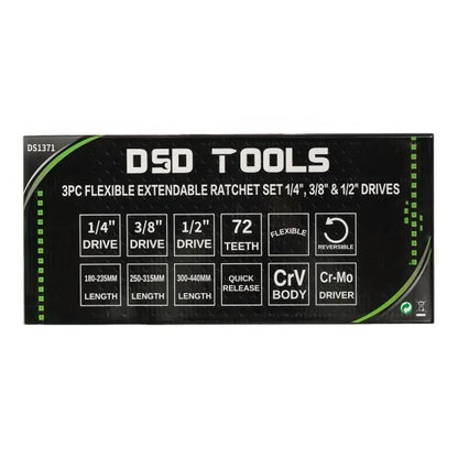 3PC FLEXIBLE EXTENDABLE RATCHET SET 1/4", 3/8" &amp;amp; 1/2" DRIVES DS1371