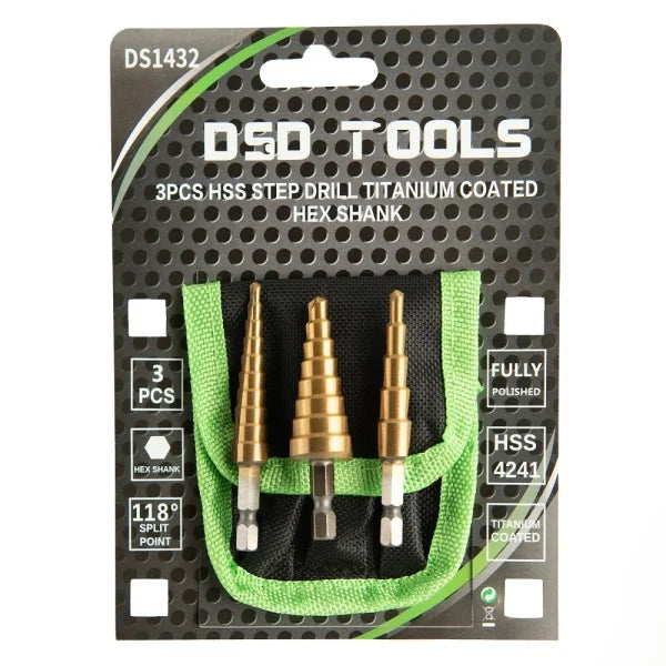 3PCS HSS STEP DRILL TITANIUM COATED HEX SHANK DS1432