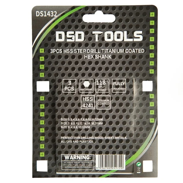 3PCS HSS STEP DRILL TITANIUM COATED HEX SHANK DS1432