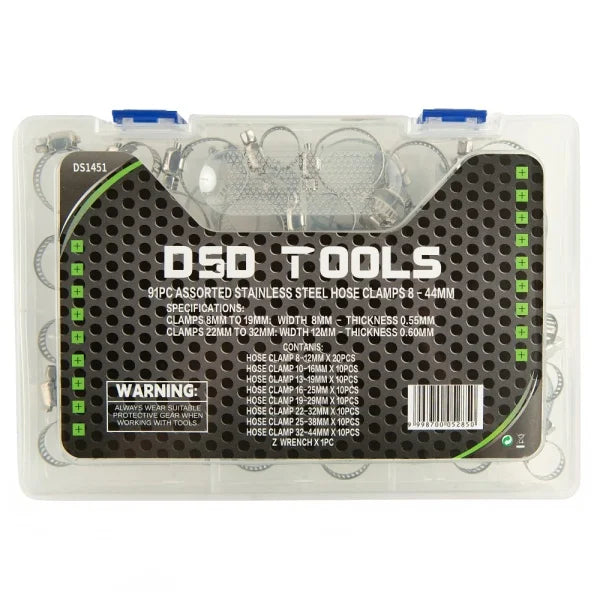 91PC ASSORTED STAINLESS STEEL HOSE CLAMPS 8 – 44MM DS1451