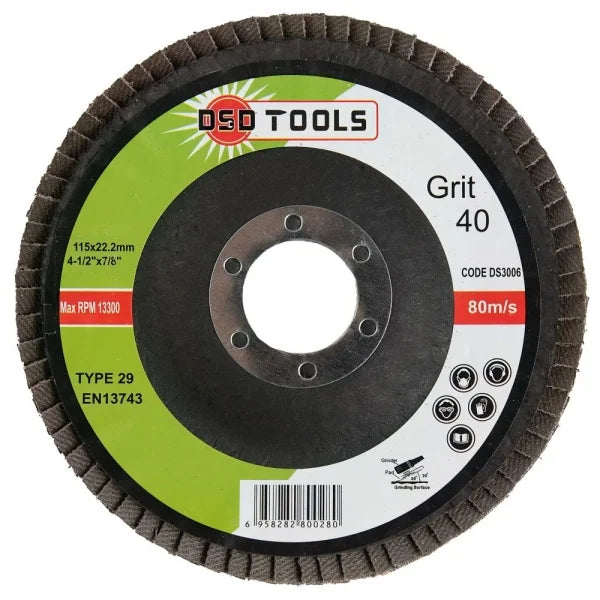 FLAP DISCS 40 GRIT OXIDE (4 1/2") 115MM X 22.2MM BOX OF 200 DS3006