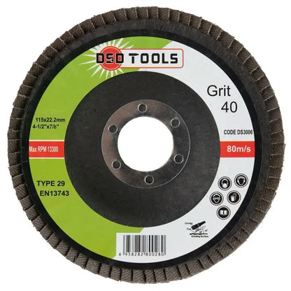 FLAP DISCS 40 GRIT OXIDE (4 1/2") 115MM X 22.2MM BOX OF 200 DS3006