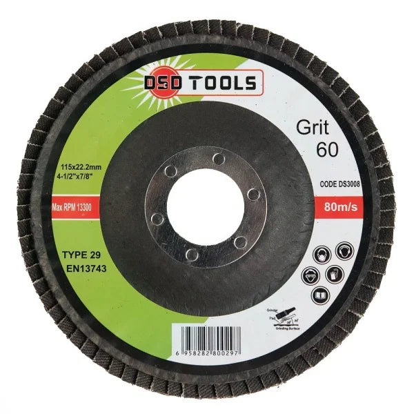 FLAP DISCS 60 GRIT OXIDE (4 1/2") 115MM X 22.2MM BOX OF 200 DS3008