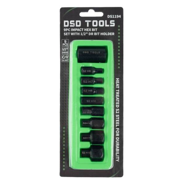 9PC IMPACT HEX BIT SET WITH 1/2" DR BIT HOLDER DS1194