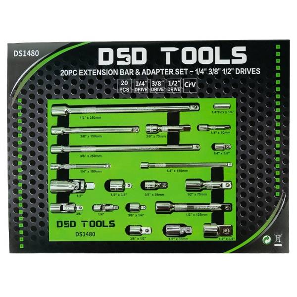 20PC EXTENSION BAR &amp; amp; ADAPTER SET - 1/4" 3/8" 1/2" DRIVES DS1480