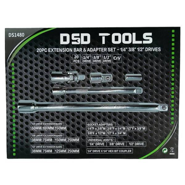 20PC EXTENSION BAR &amp; amp; ADAPTER SET - 1/4" 3/8" 1/2" DRIVES DS1480