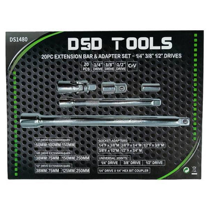 20PC EXTENSION BAR &amp; amp; ADAPTER SET - 1/4" 3/8" 1/2" DRIVES DS1480