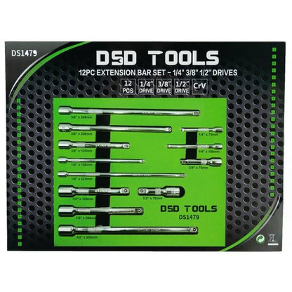 12PC EXTENSION BAR SET - 1/4" 3/8" 1/2" DRIVES DS1479