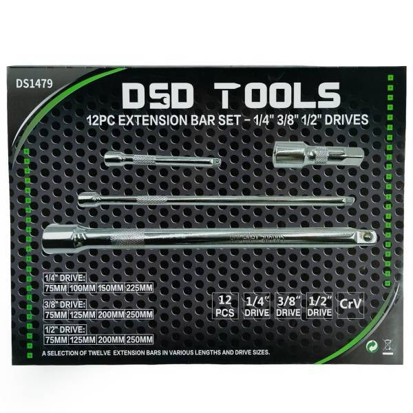 12PC EXTENSION BAR SET - 1/4" 3/8" 1/2" DRIVES DS1479