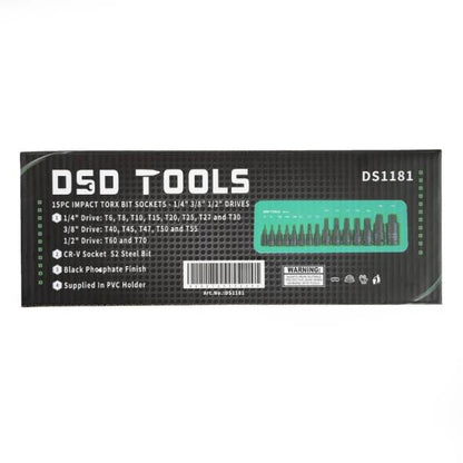 15PC IMPACT TORX BIT SOCKETS - 1/4" 3/8" 1/2" DRIVES DS1181