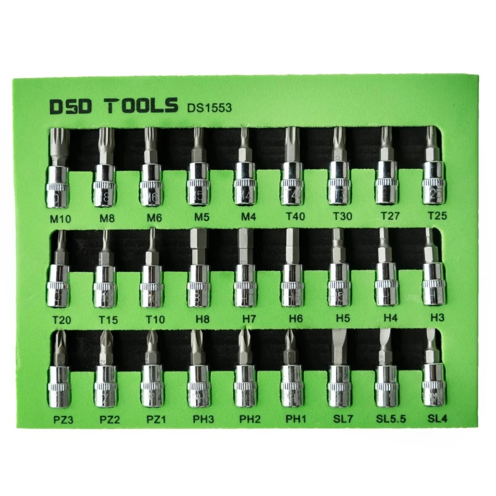 27PC 1/4" DR 38MM MIXED BIT SOCKETS STAR, HEX, SPLINE, SL, PH, PZ DS1553
