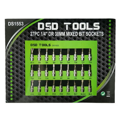 27PC 1/4" DR 38MM MIXED BIT SOCKETS STAR, HEX, SPLINE, SL, PH, PZ DS1553