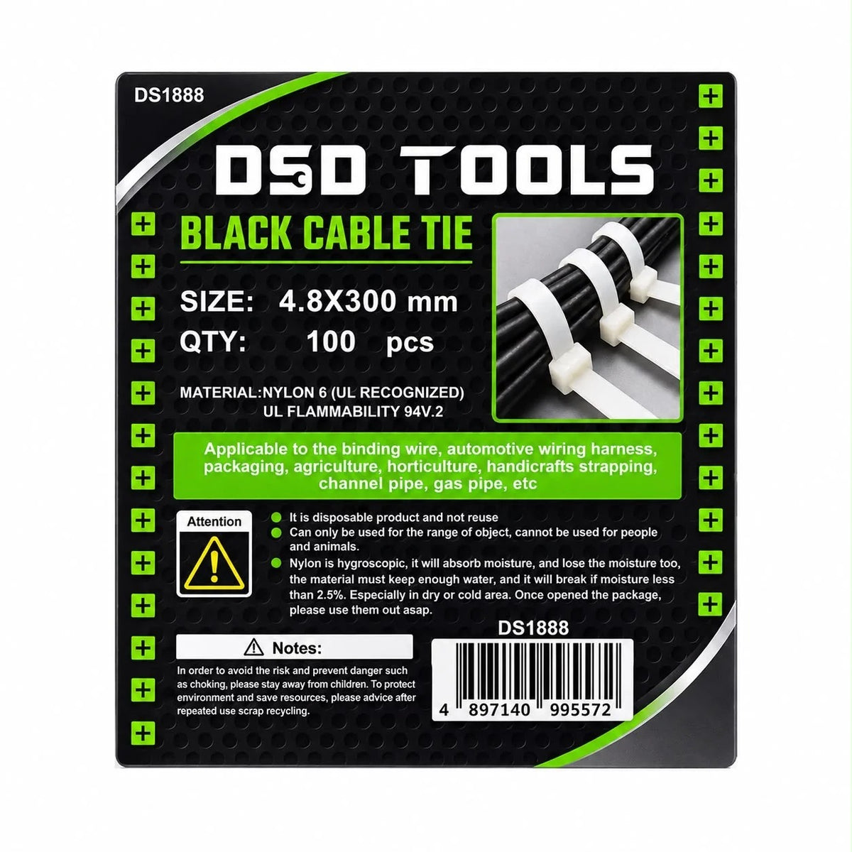 100PC BLACK CABLE TIES 4.8 X 300 MM DS1888